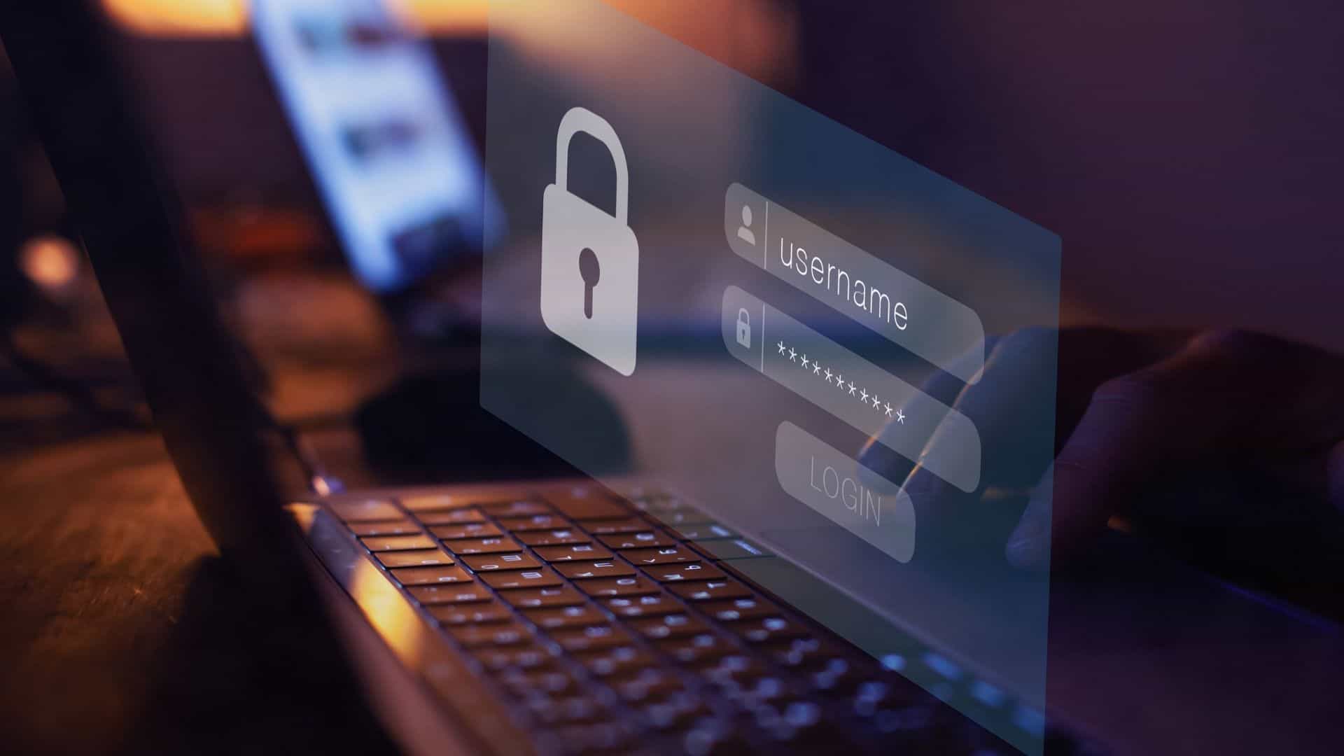 A close-up of a laptop keyboard with a virtual login screen overlay, showing a padlock icon, username, and password fields, symbolizing cybersecurity and secure online access in Contra Costa County.
