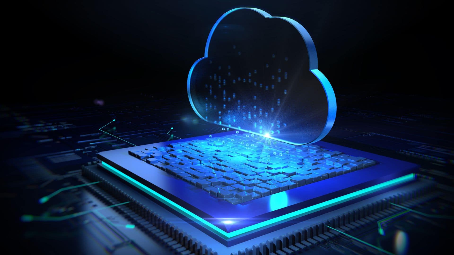 A glowing blue cloud icon hovers above a computer chip, with digital data particles flowing between them, symbolizing cloud computing, data transfer, and managed IT services in Contra Costa County, CA.