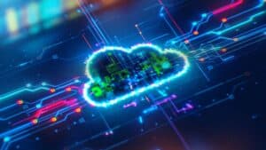 A glowing digital cloud icon surrounded by colorful circuit lines and data patterns on a dark background, symbolizing cloud computing, managed IT services in Contra Costa County, and advanced cybersecurity solutions.