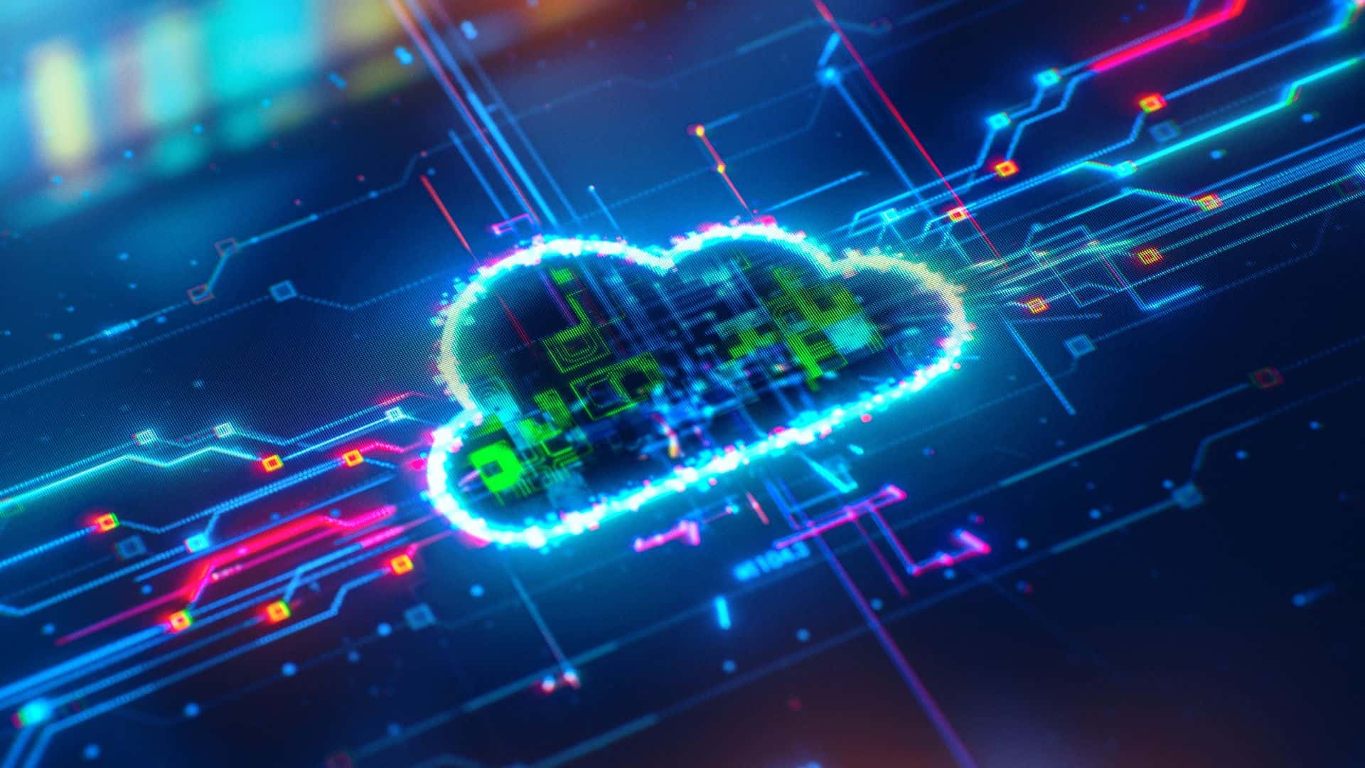 A glowing digital cloud icon surrounded by colorful circuit lines and data patterns on a dark background, symbolizing cloud computing, managed IT services in Contra Costa County, and advanced cybersecurity solutions.