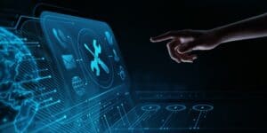 A hand reaches toward a futuristic digital interface displaying a glowing wrench and screwdriver icon, surrounded by technology symbols and a partial digital globe, suggesting advanced managed IT services in Contra Costa County.